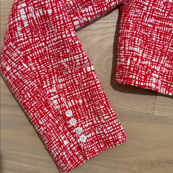 STAUD Textured Red and White Cropped Blazer - Picture 4 of 9